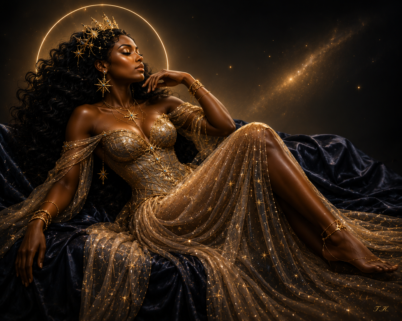 Celestial goddess in golden radiance reclining beneath a halo of light