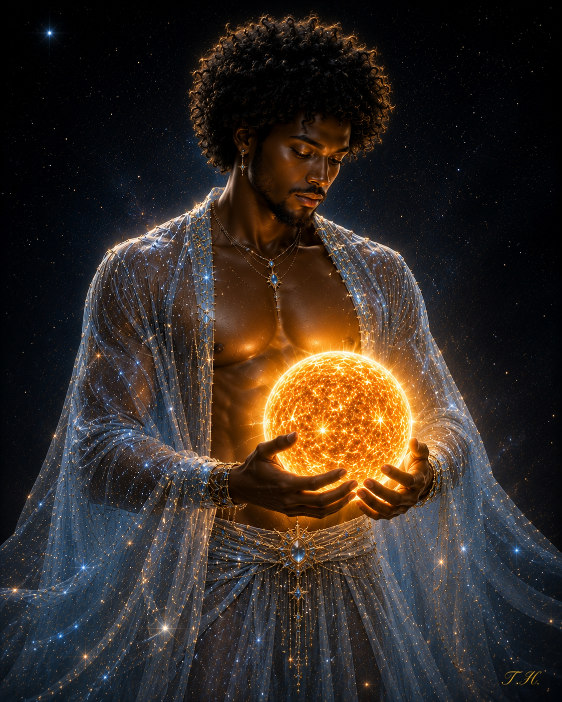 Celestial Guardian cradling a glowing golden orb in star-woven robes