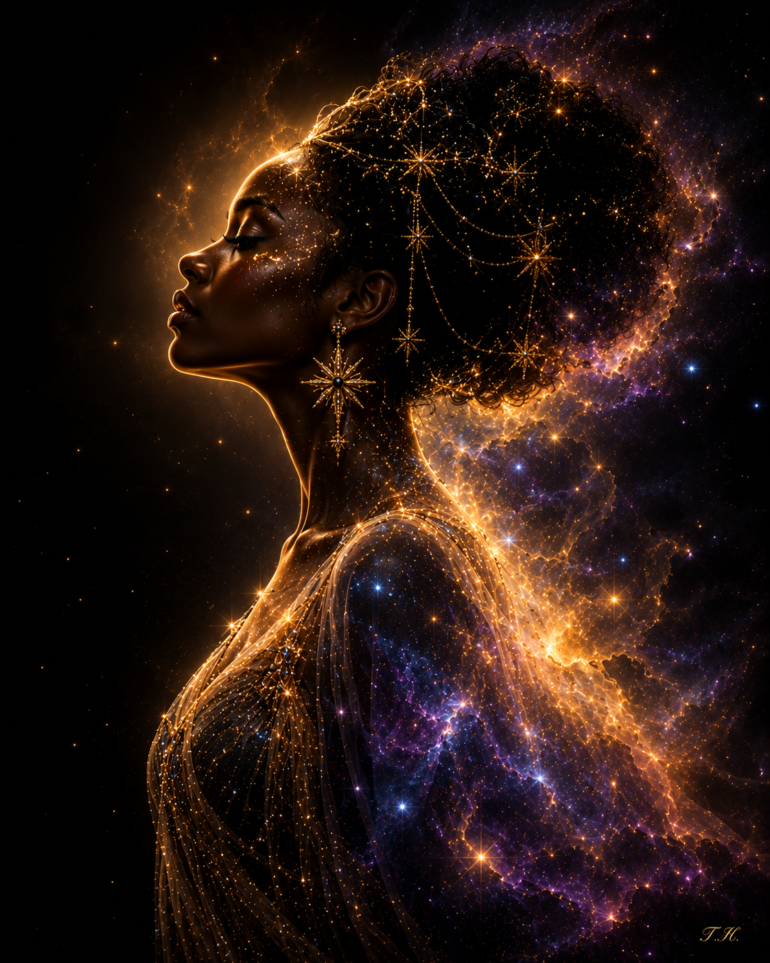 Regal cosmic goddess in profile, hair woven with constellations and nebulae