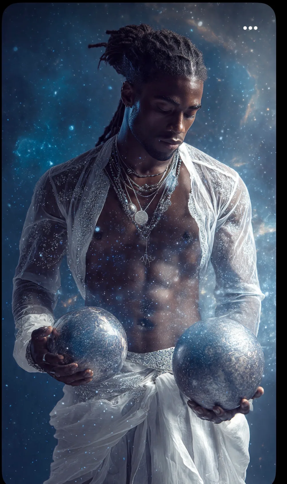 He who holds the Worlds — a cosmic sovereign cradling twin celestial spheres in stardust robes