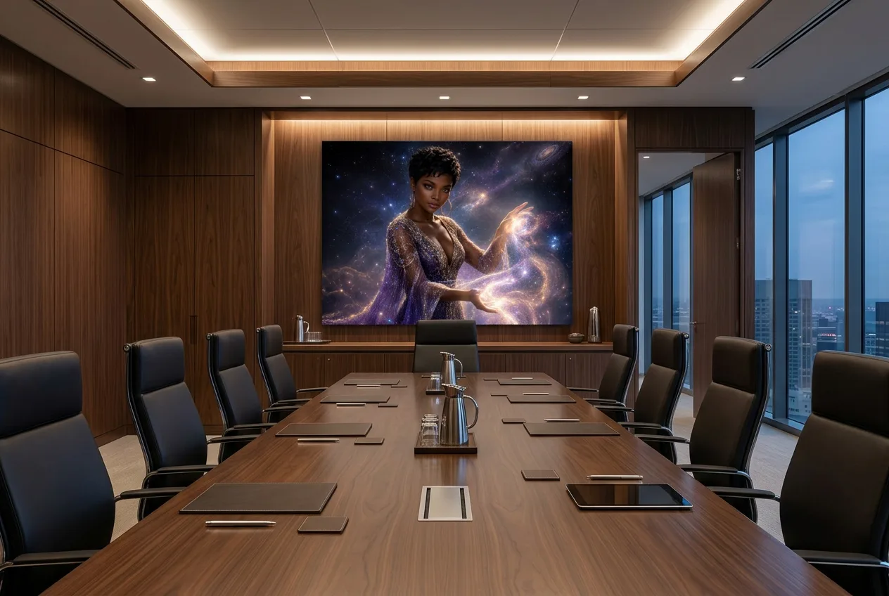 Weaver of the Milky Way as a large canvas in an executive boardroom