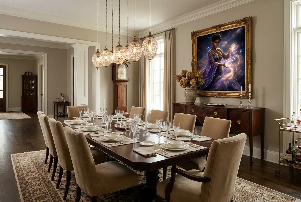 Weaver of the Milky Way framed above a credenza in a formal dining room