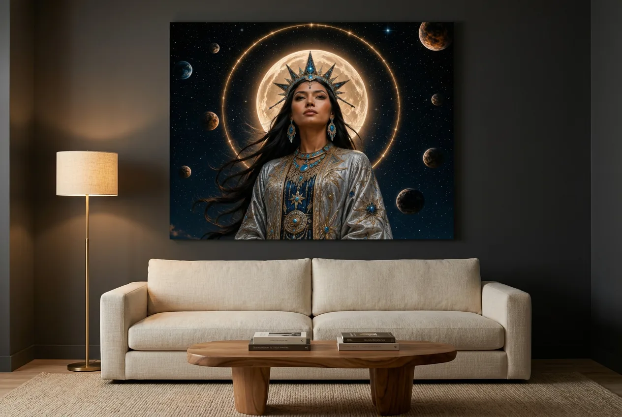 Crowned by the Star Mother as a large canvas above a cream sofa in a charcoal living room