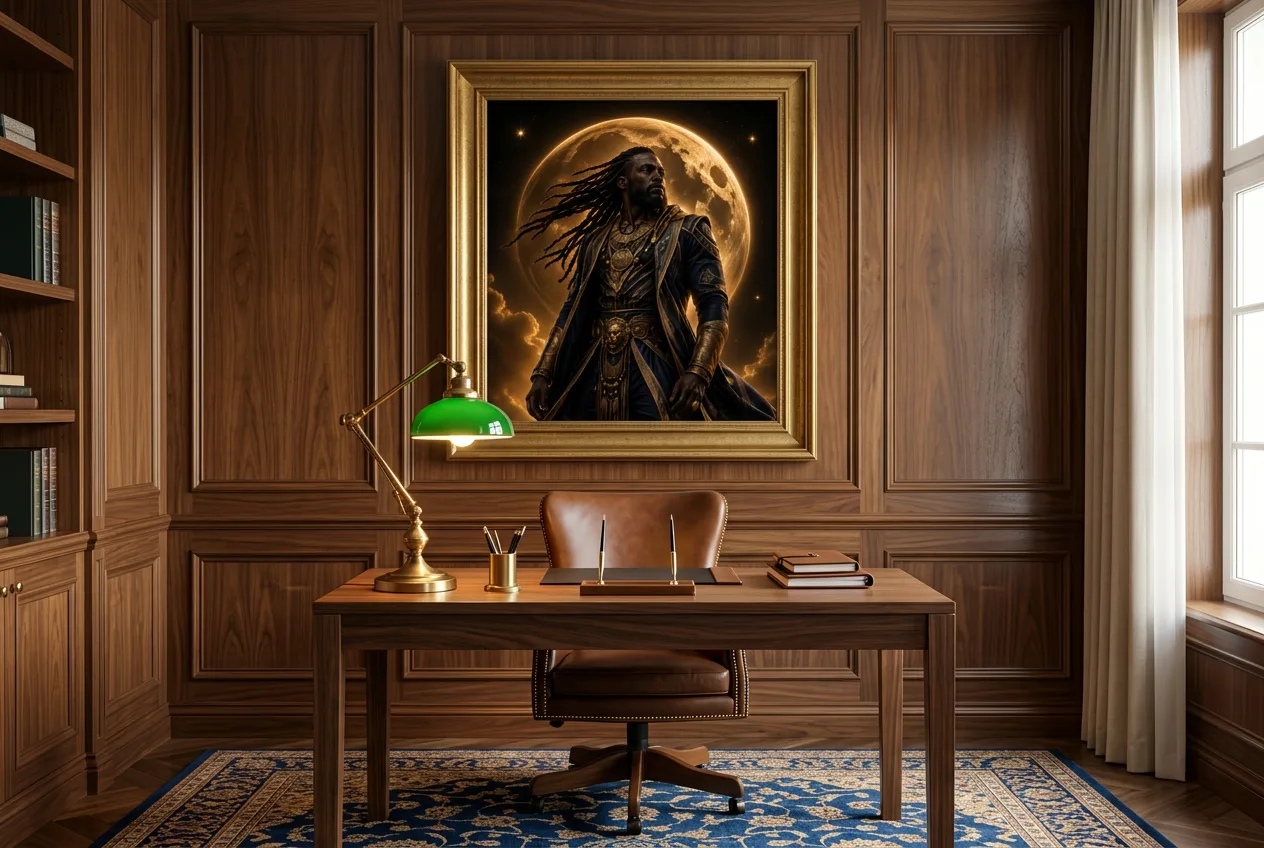 Cosmic Warrior in Golden Light framed in a walnut-paneled home office